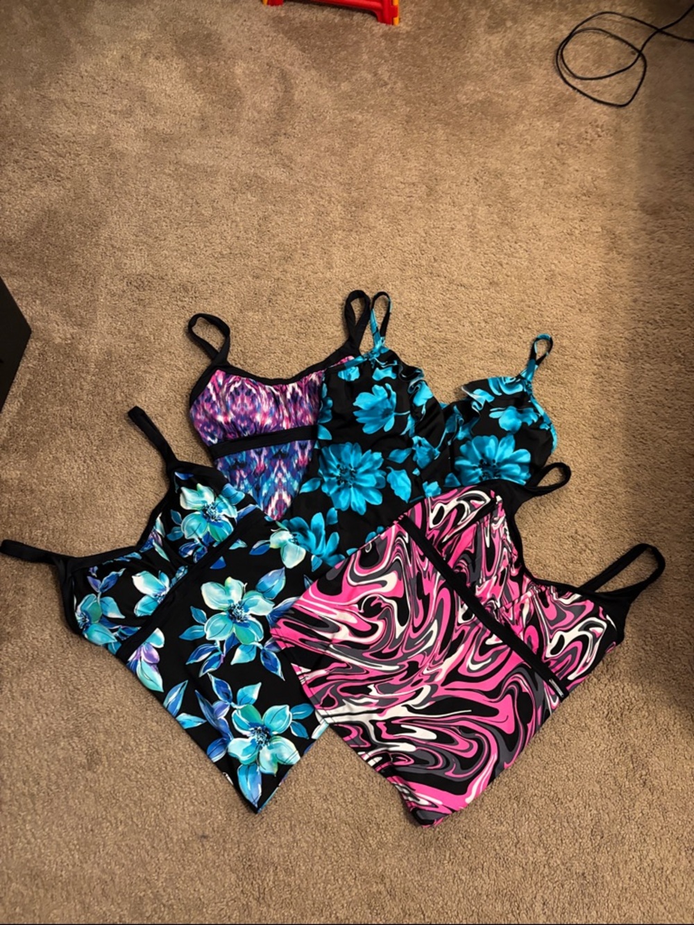 Mixed Floral & Swirl Tankini Tops and 2 bottoms - Black with Teal & Pink Accents